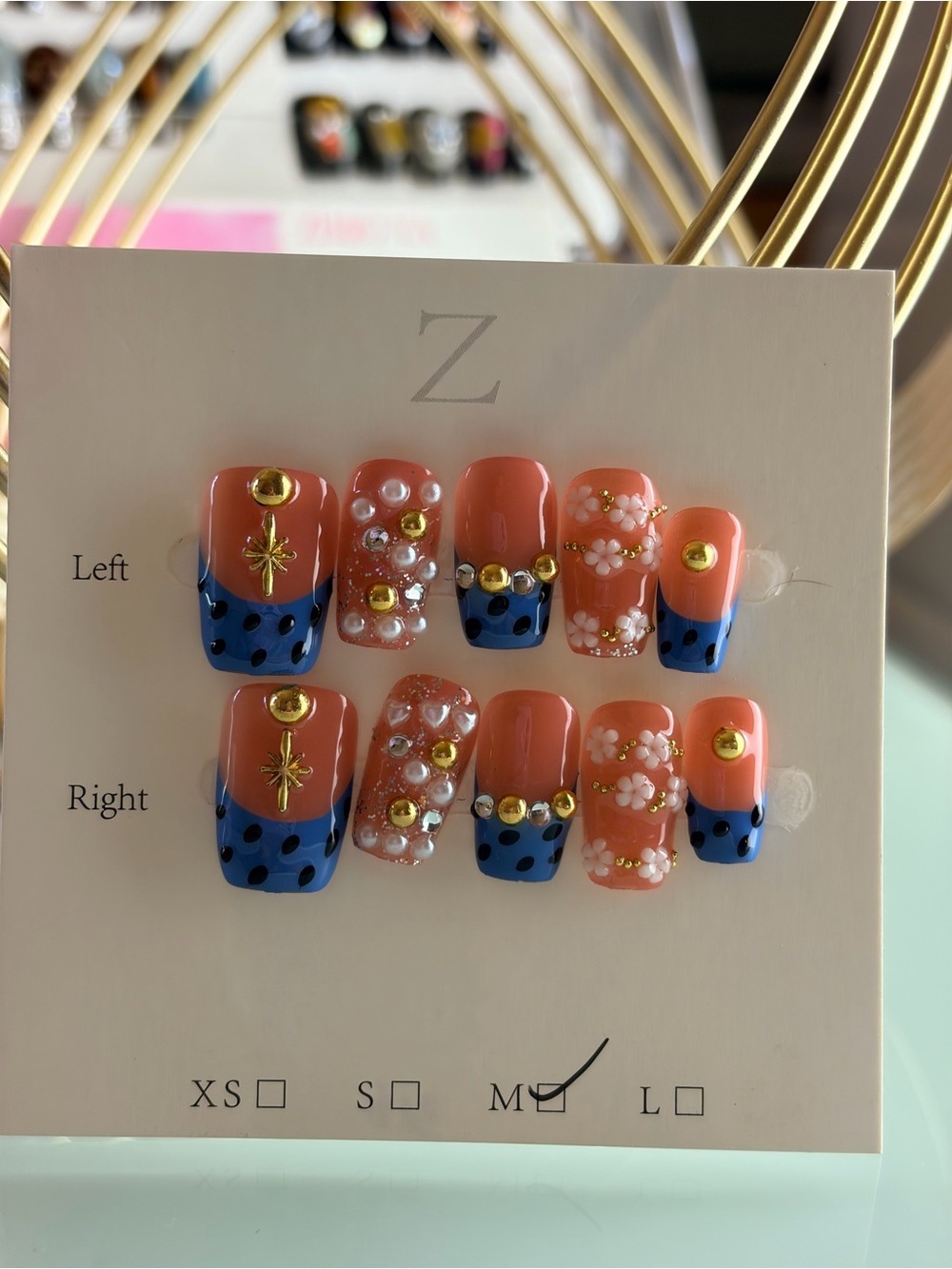 Peach & Cobalt Blue Floral Gem Press-On Nails